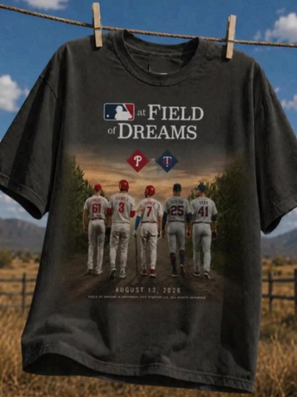 Phillies Rangers Field Of Dreams 2026 Baseball Graphic Tee Black T-Shirt